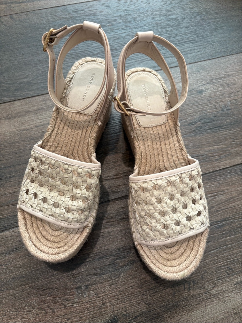 Tory Burch Woven Espadrille Platform Sandals in Ivory Leather Size 8